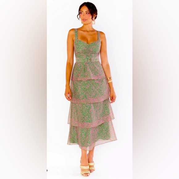 Show Me Your MuMu Watermelon Floral Cosmopolitan Midi Layered Dress w/ Belt Sz M - Picture 1 of 15